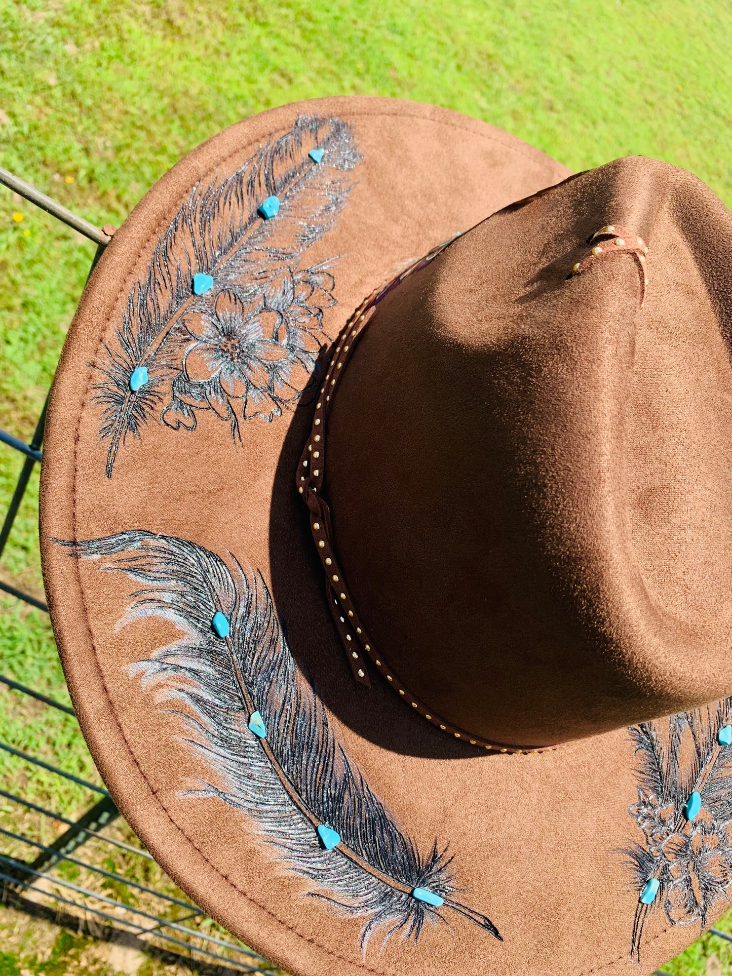 Hand Burned Rancher Hat "Native Feathers & Turquoise Stones" Design