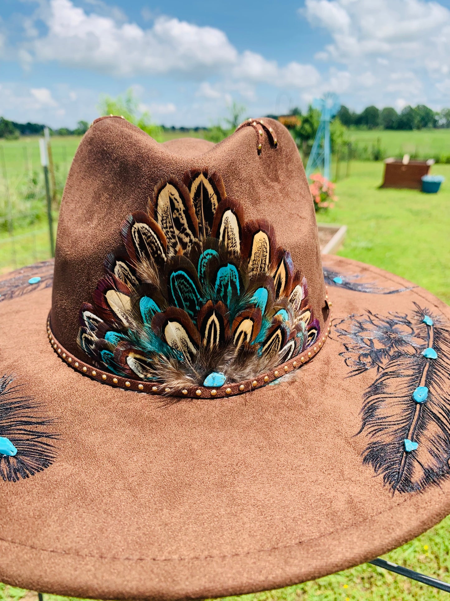 Hand Burned Rancher Hat "Native Feathers & Turquoise Stones" Design