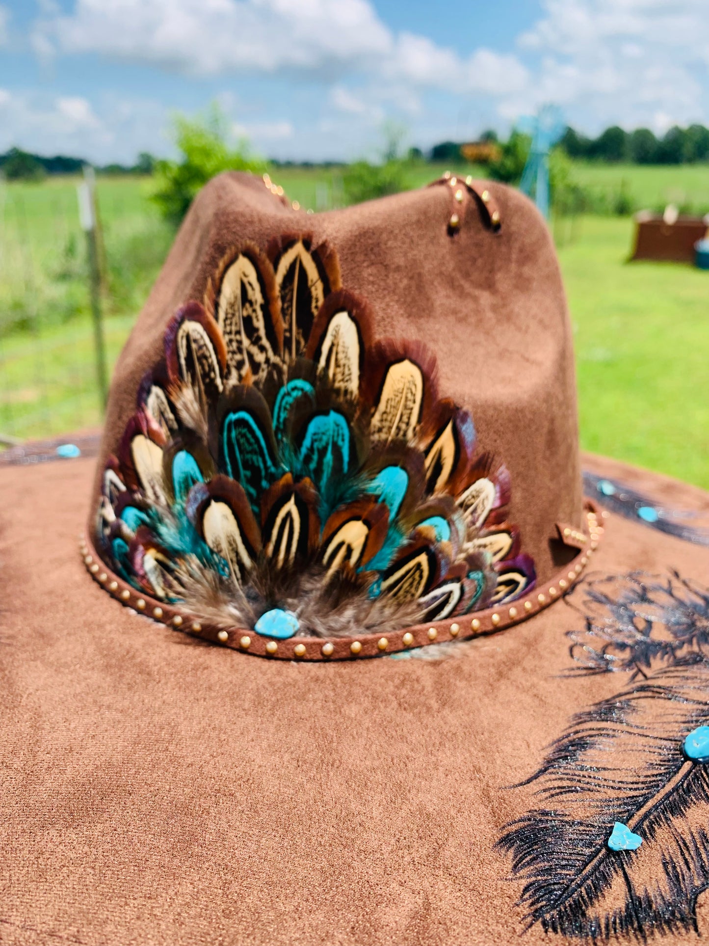 Hand Burned Rancher Hat "Native Feathers & Turquoise Stones" Design