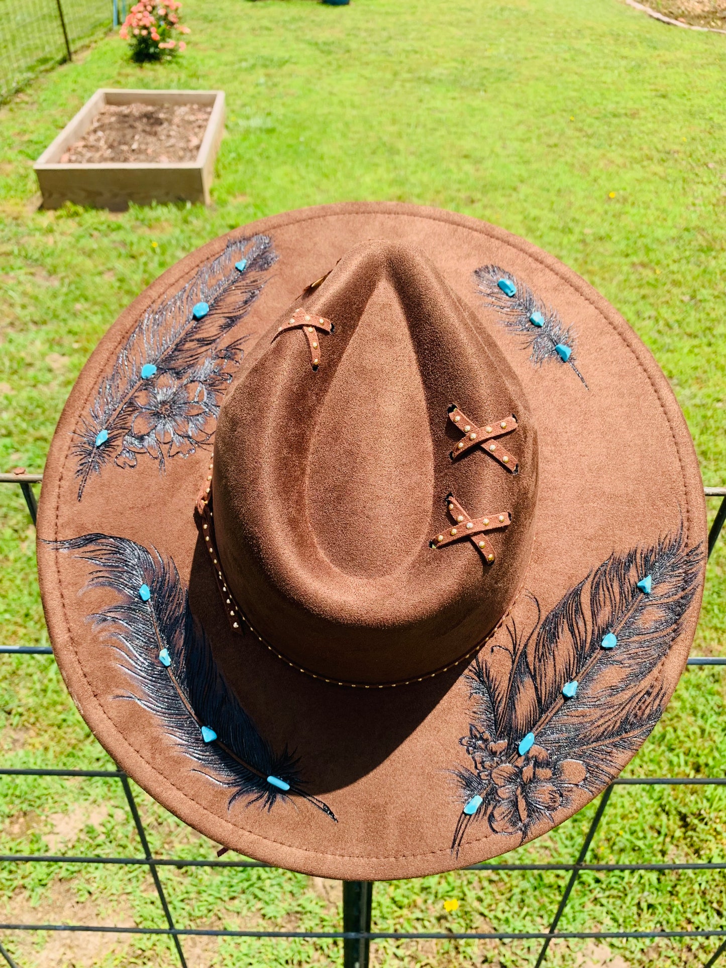 Hand Burned Rancher Hat "Native Feathers & Turquoise Stones" Design