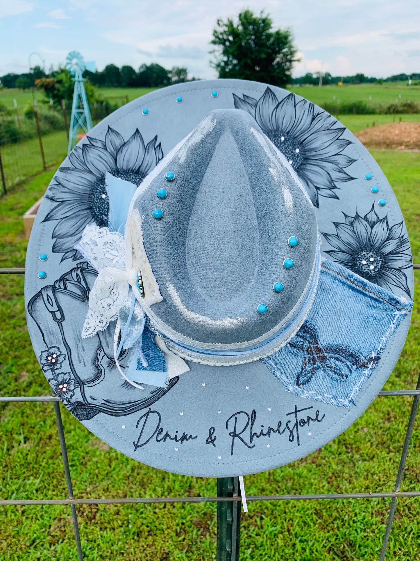 Hand Burned Rancher Hat "Denim & Rhinestone" Design
