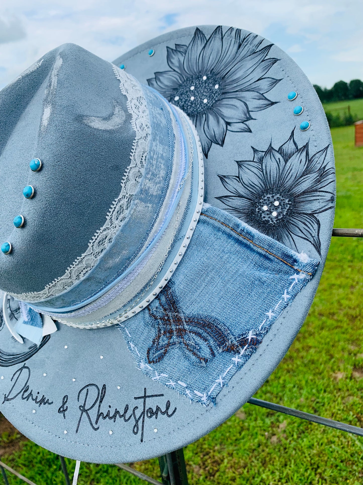 Hand Burned Rancher Hat "Denim & Rhinestone" Design