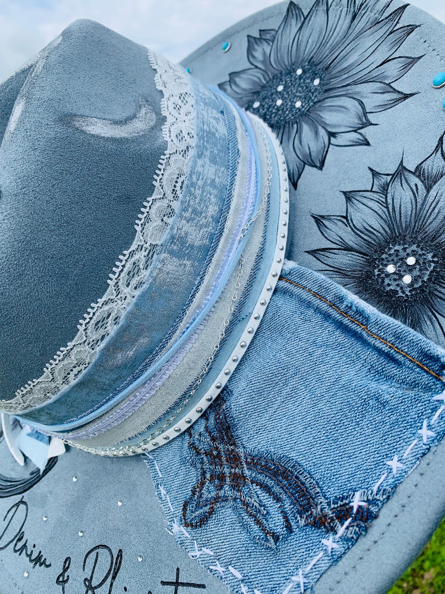Hand Burned Rancher Hat "Denim & Rhinestone" Design