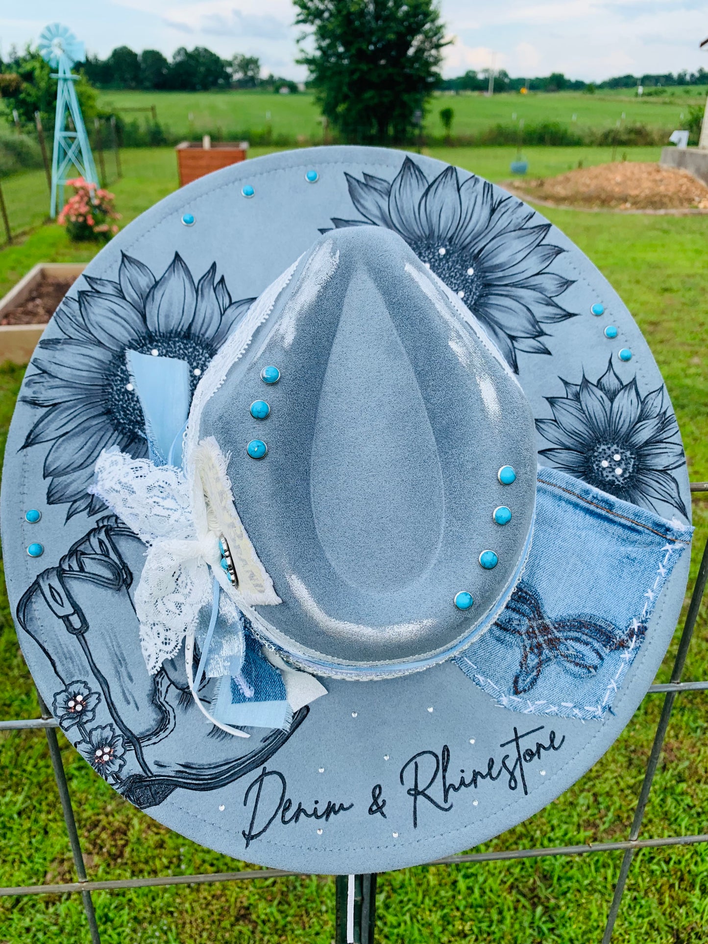 Hand Burned Rancher Hat "Denim & Rhinestone" Design