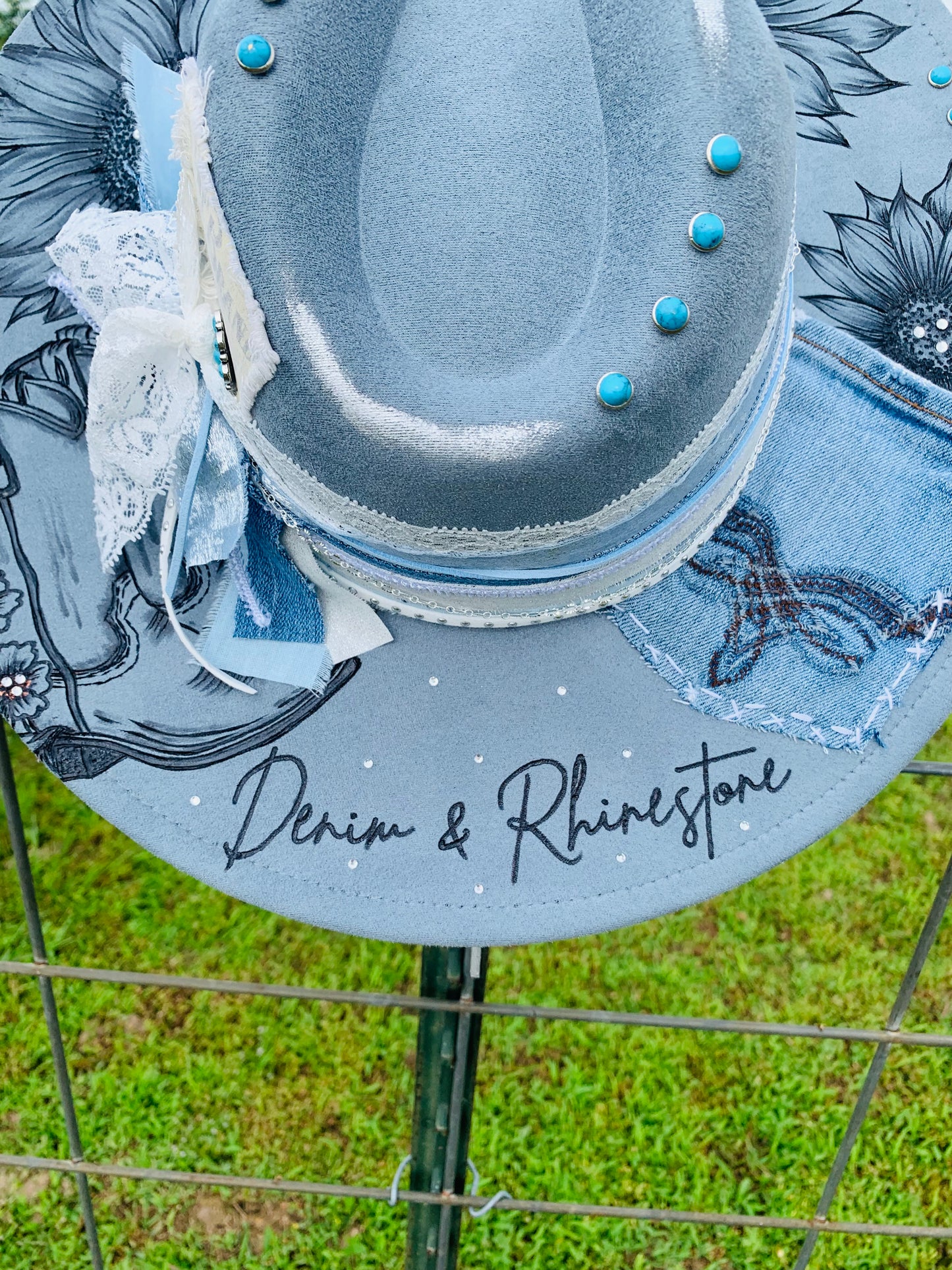 Hand Burned Rancher Hat "Denim & Rhinestone" Design
