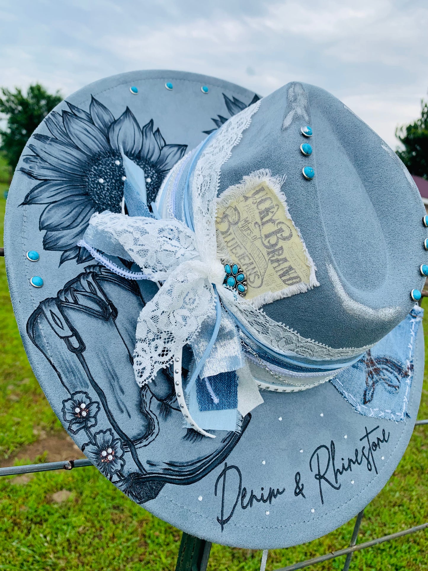 Hand Burned Rancher Hat "Denim & Rhinestone" Design