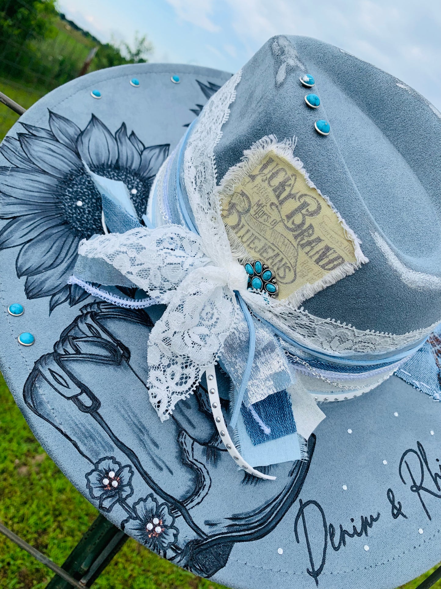 Hand Burned Rancher Hat "Denim & Rhinestone" Design