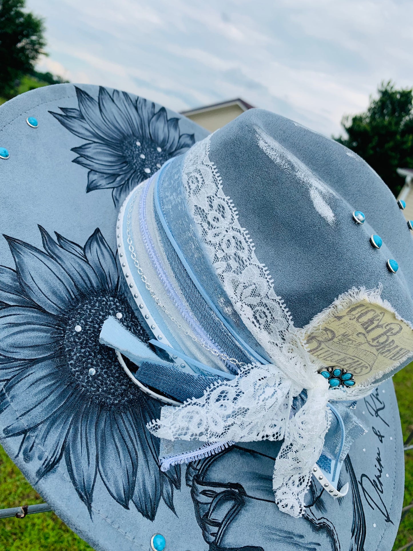 Hand Burned Rancher Hat "Denim & Rhinestone" Design