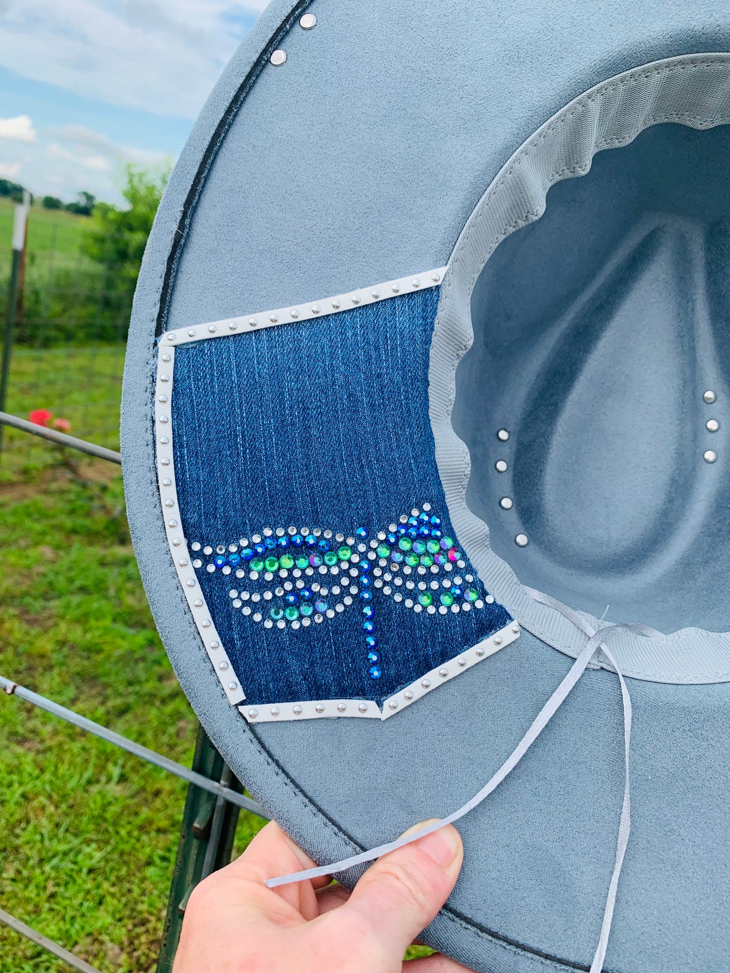 Hand Burned Rancher Hat "Denim & Rhinestone" Design