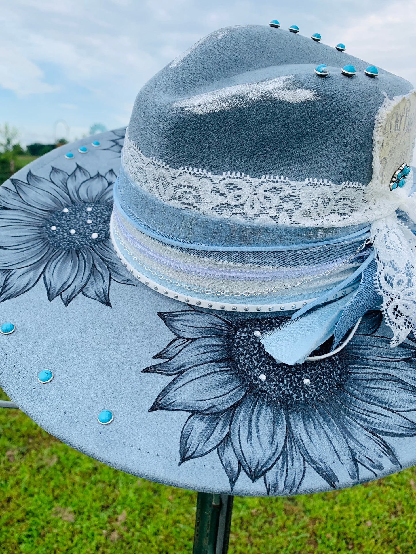 Hand Burned Rancher Hat "Denim & Rhinestone" Design