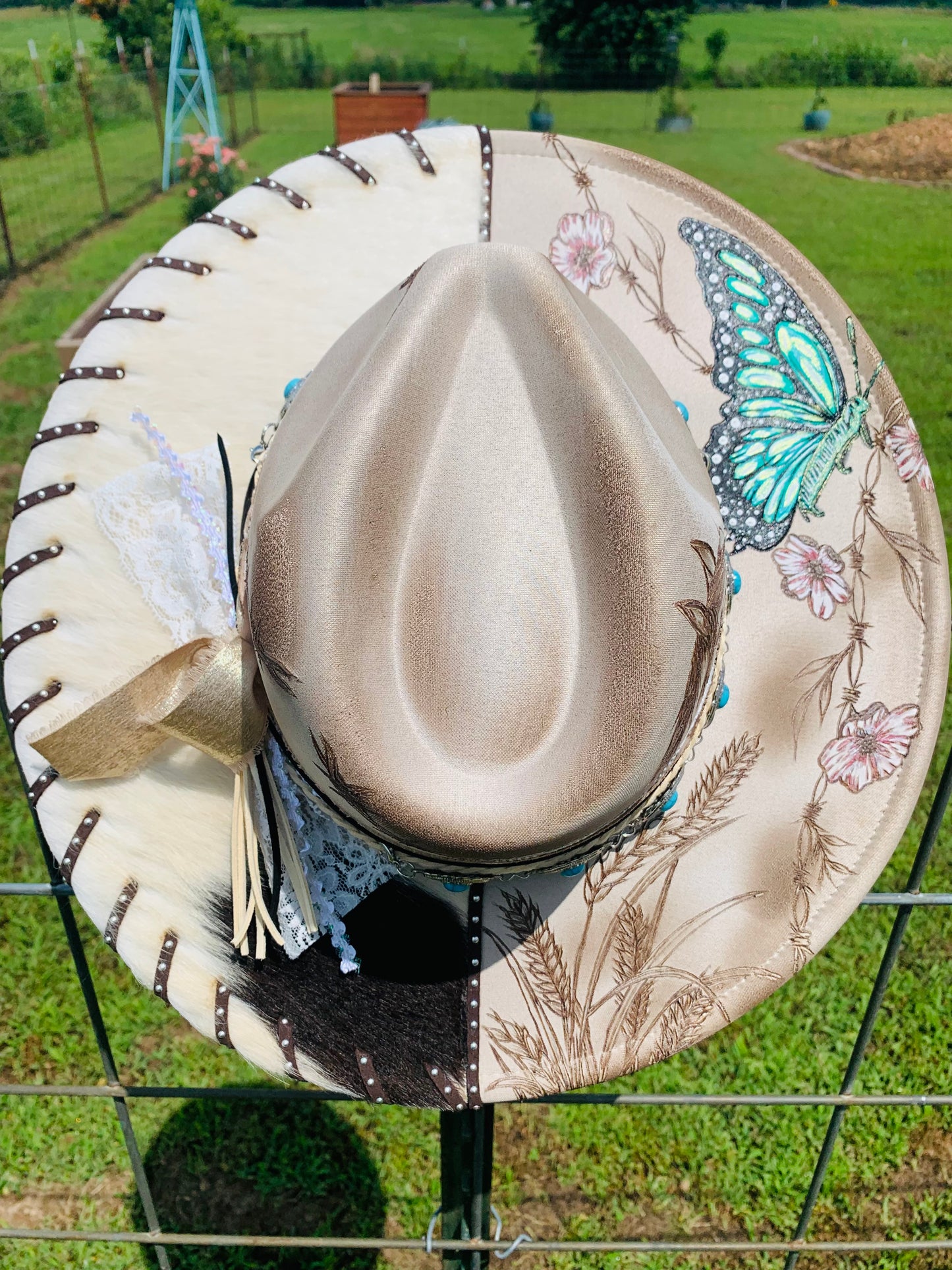 Hand Burned Rancher Hat "Butterfly Kisses" Design