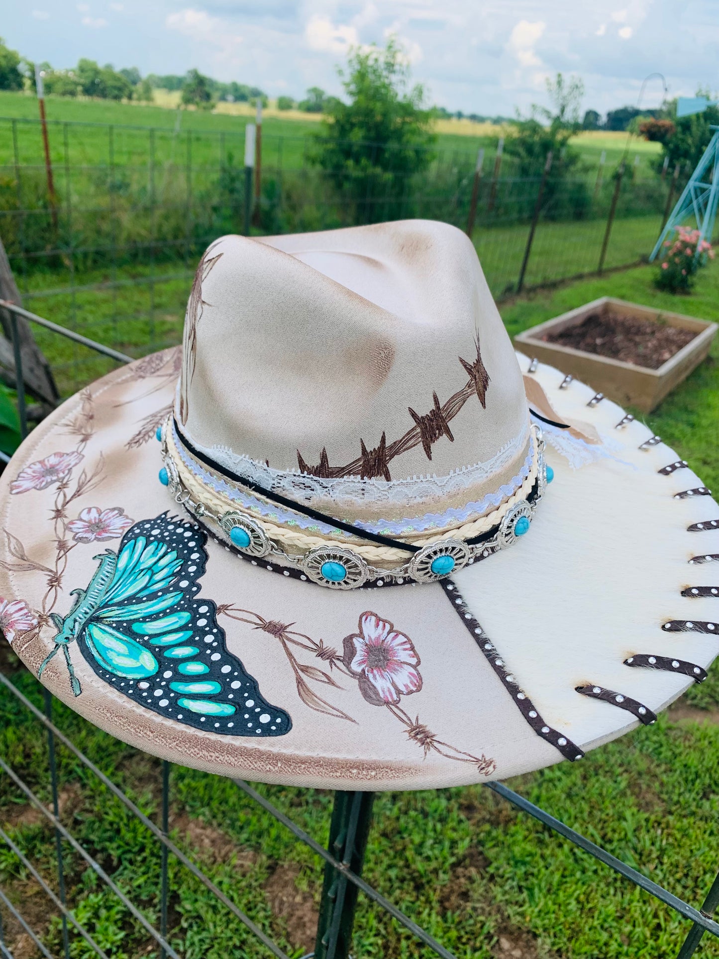 Hand Burned Rancher Hat "Butterfly Kisses" Design