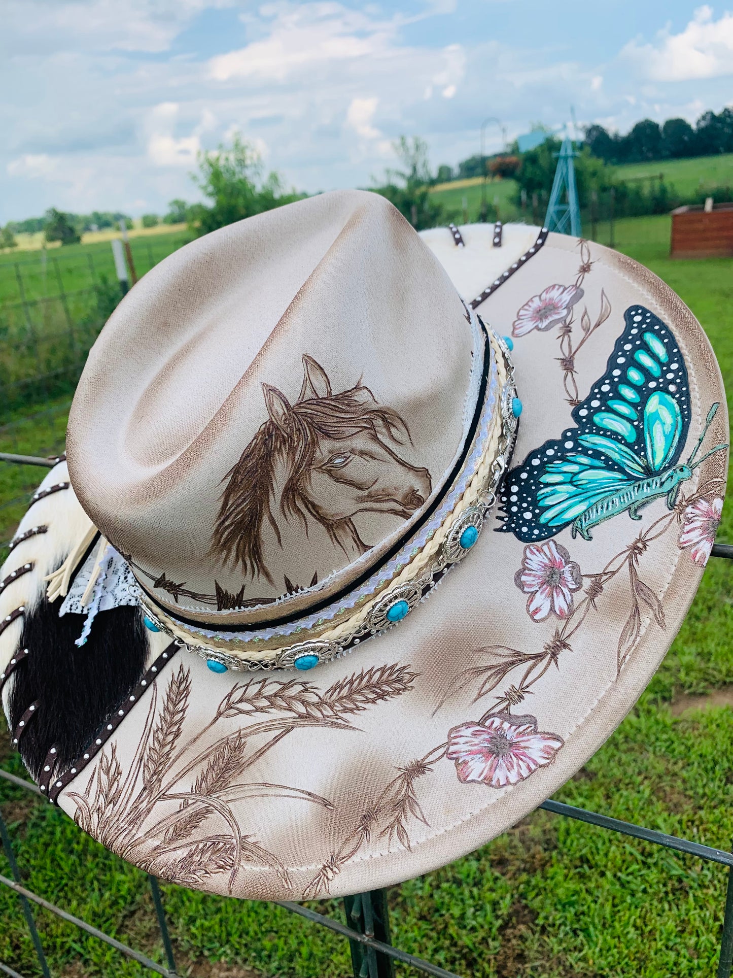 Hand Burned Rancher Hat "Butterfly Kisses" Design