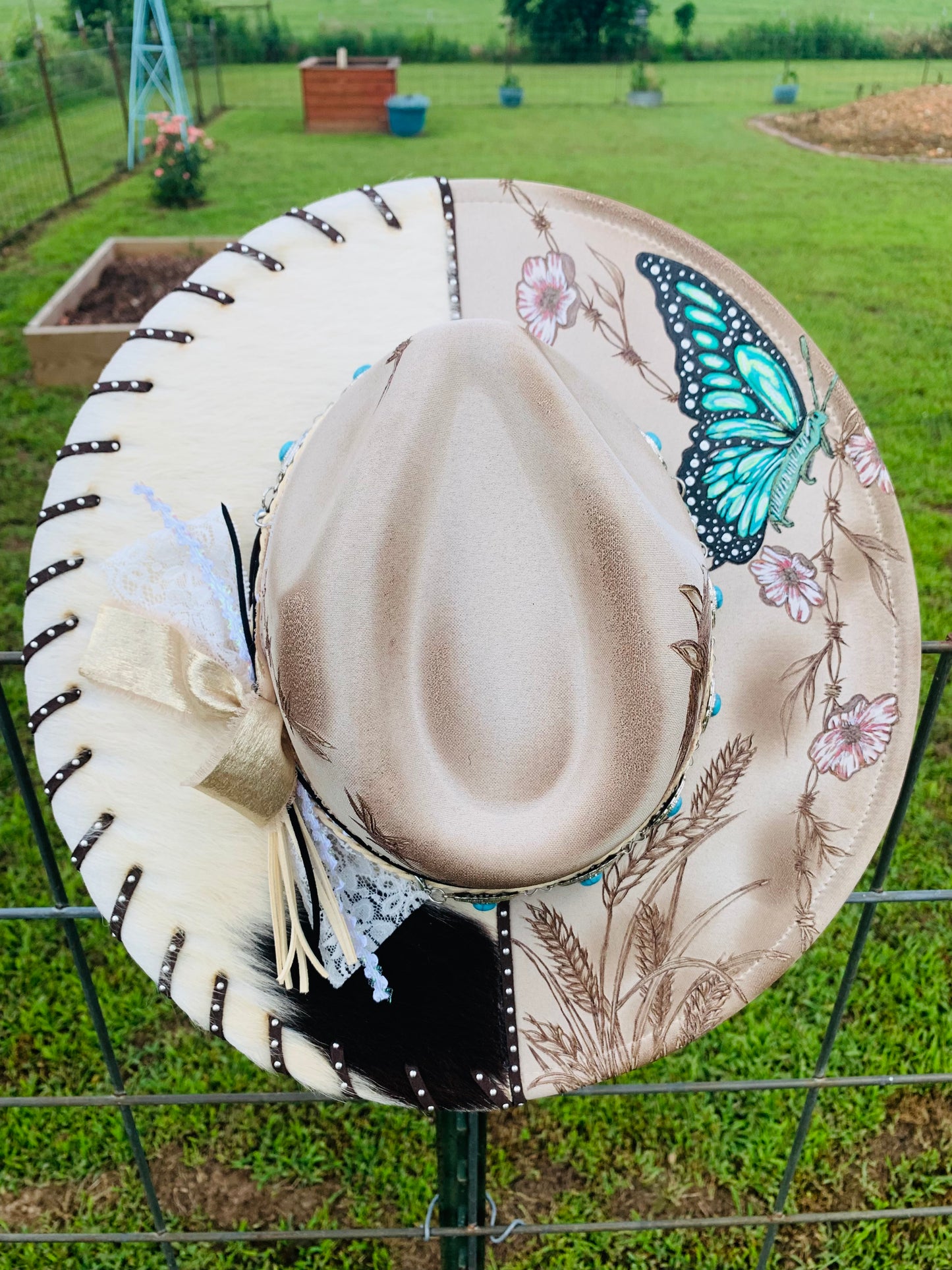 Hand Burned Rancher Hat "Butterfly Kisses" Design