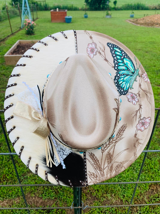Hand Burned Rancher Hat "Butterfly Kisses" Design