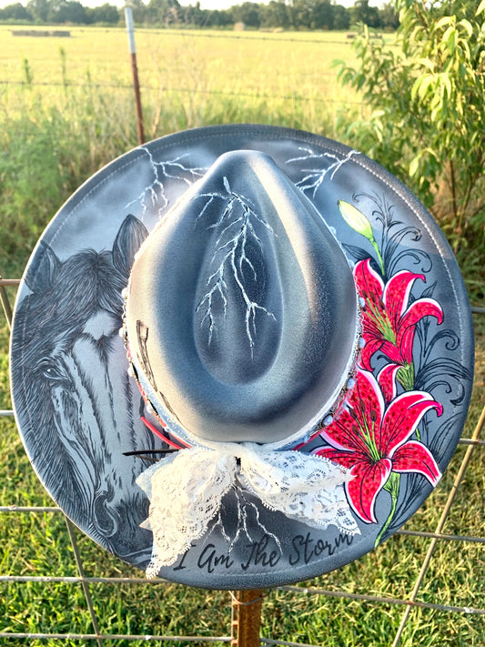 Hand Burned Rancher Hat "I Am The Storm" Design