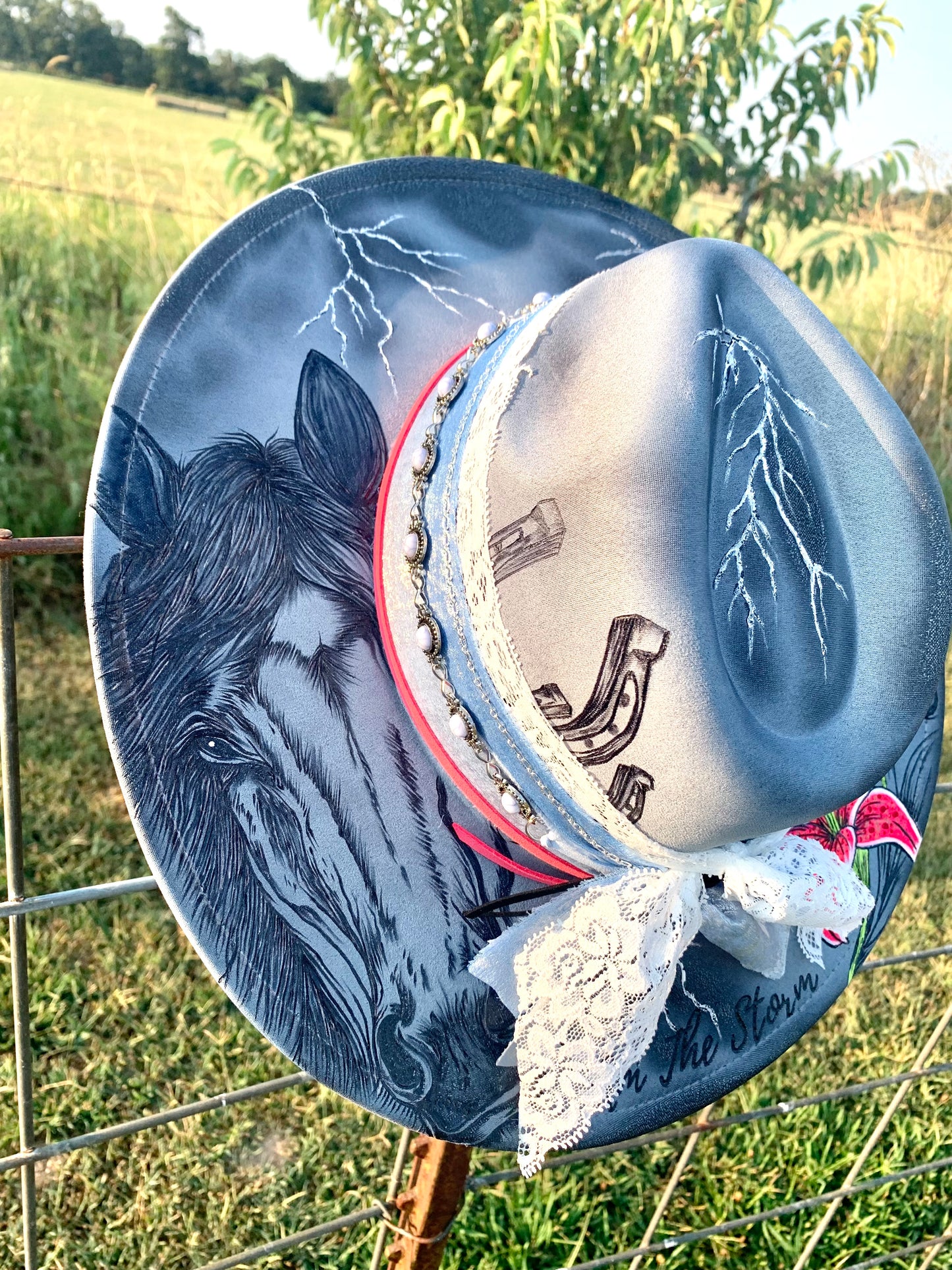Hand Burned Rancher Hat "I Am The Storm" Design