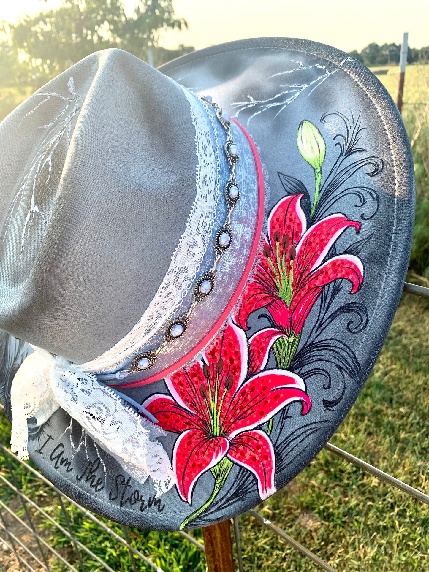 Hand Burned Rancher Hat "I Am The Storm" Design