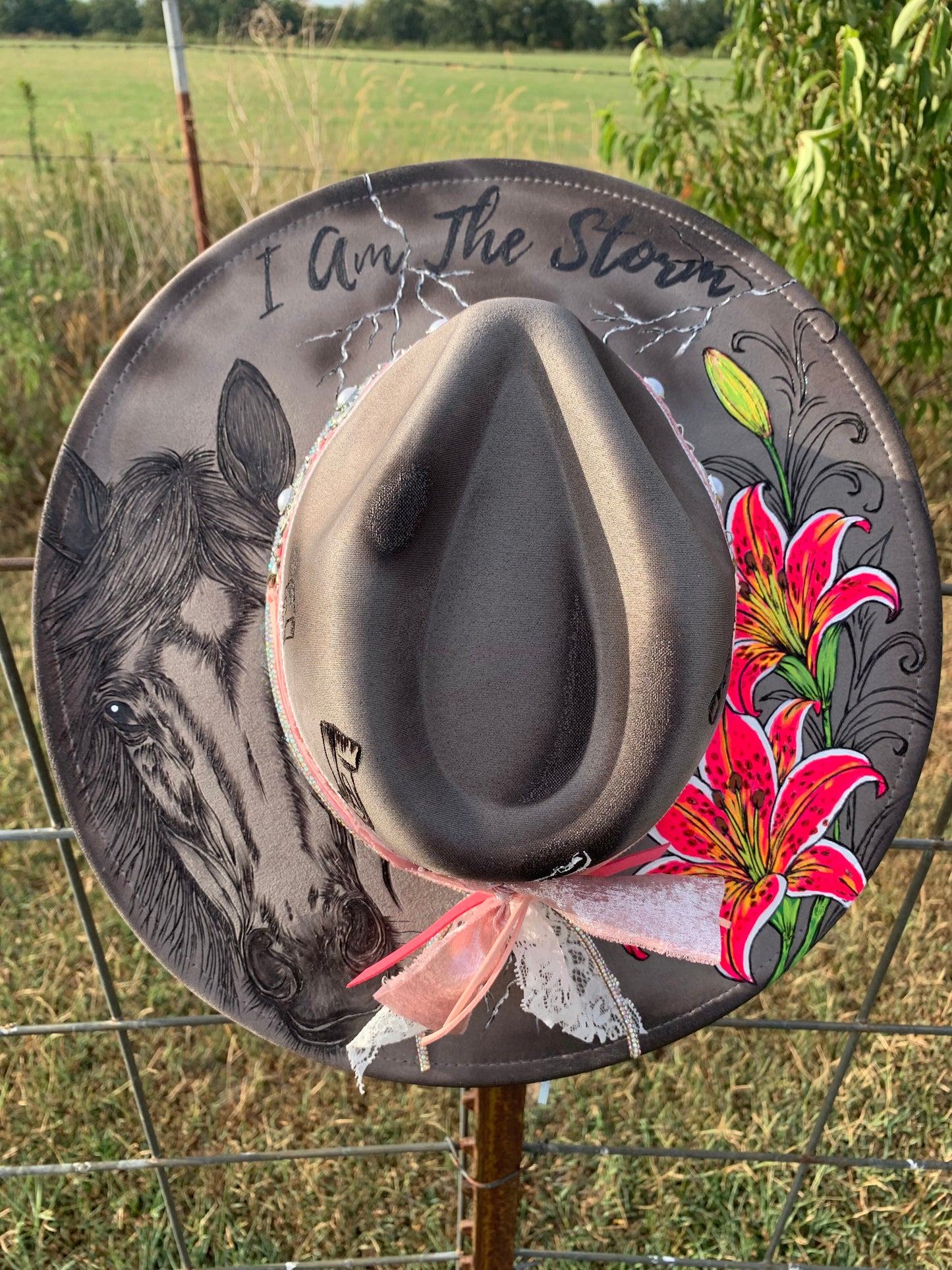 Hand Burned Rancher Hat "I Am The Storm" Design