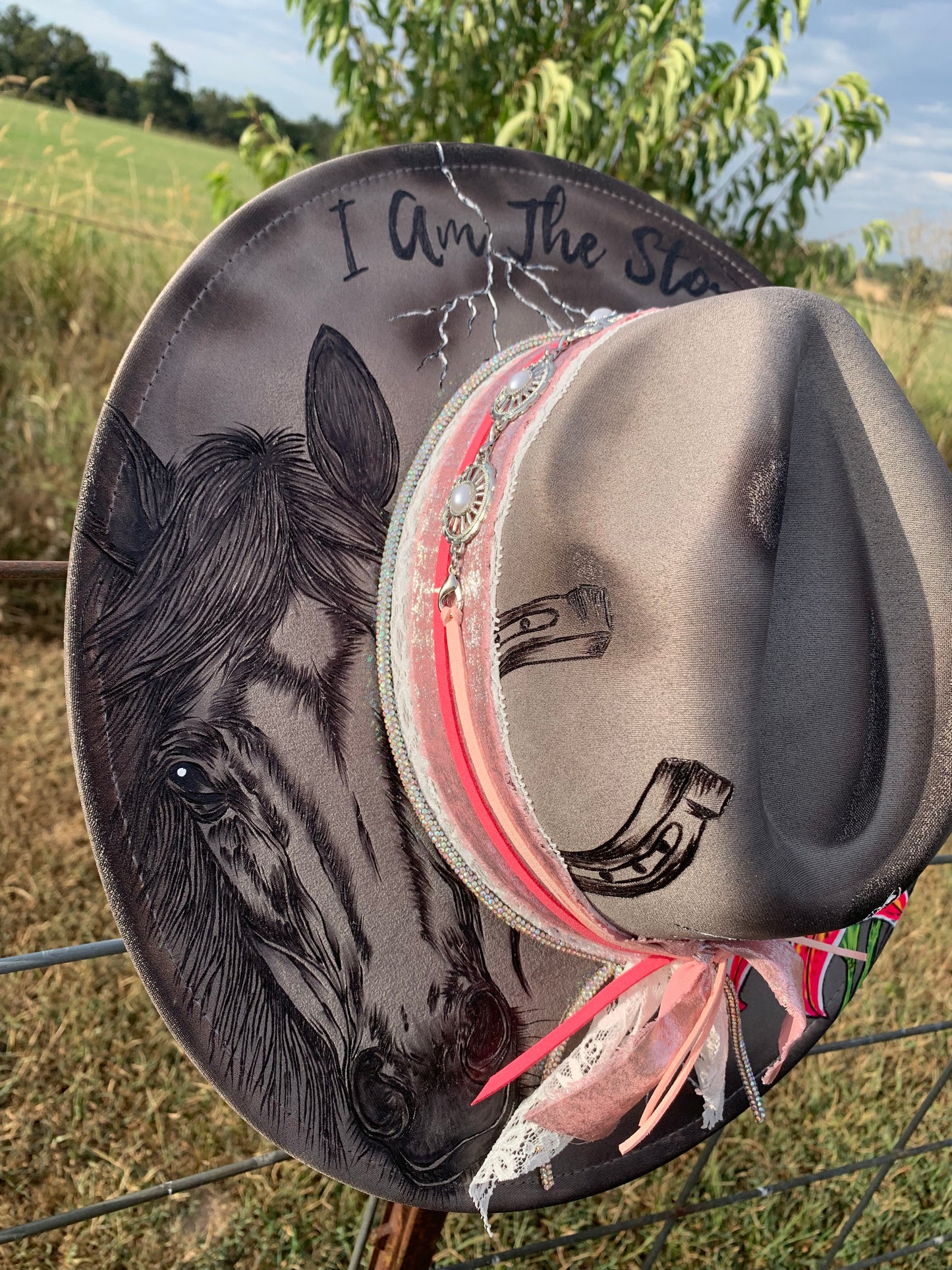 Hand Burned Rancher Hat "I Am The Storm" Design
