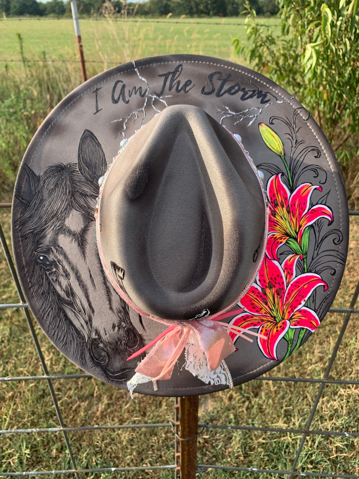 Hand Burned Rancher Hat "I Am The Storm" Design