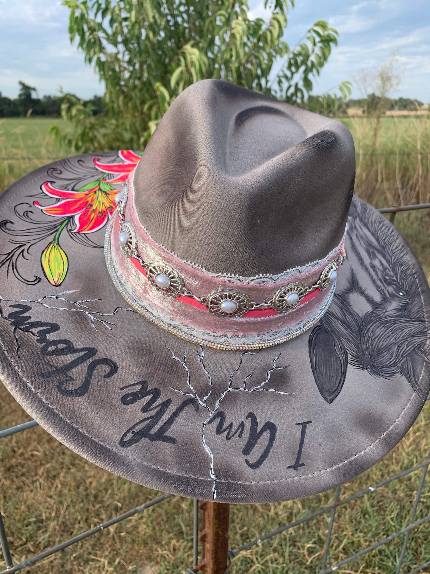 Hand Burned Rancher Hat "I Am The Storm" Design