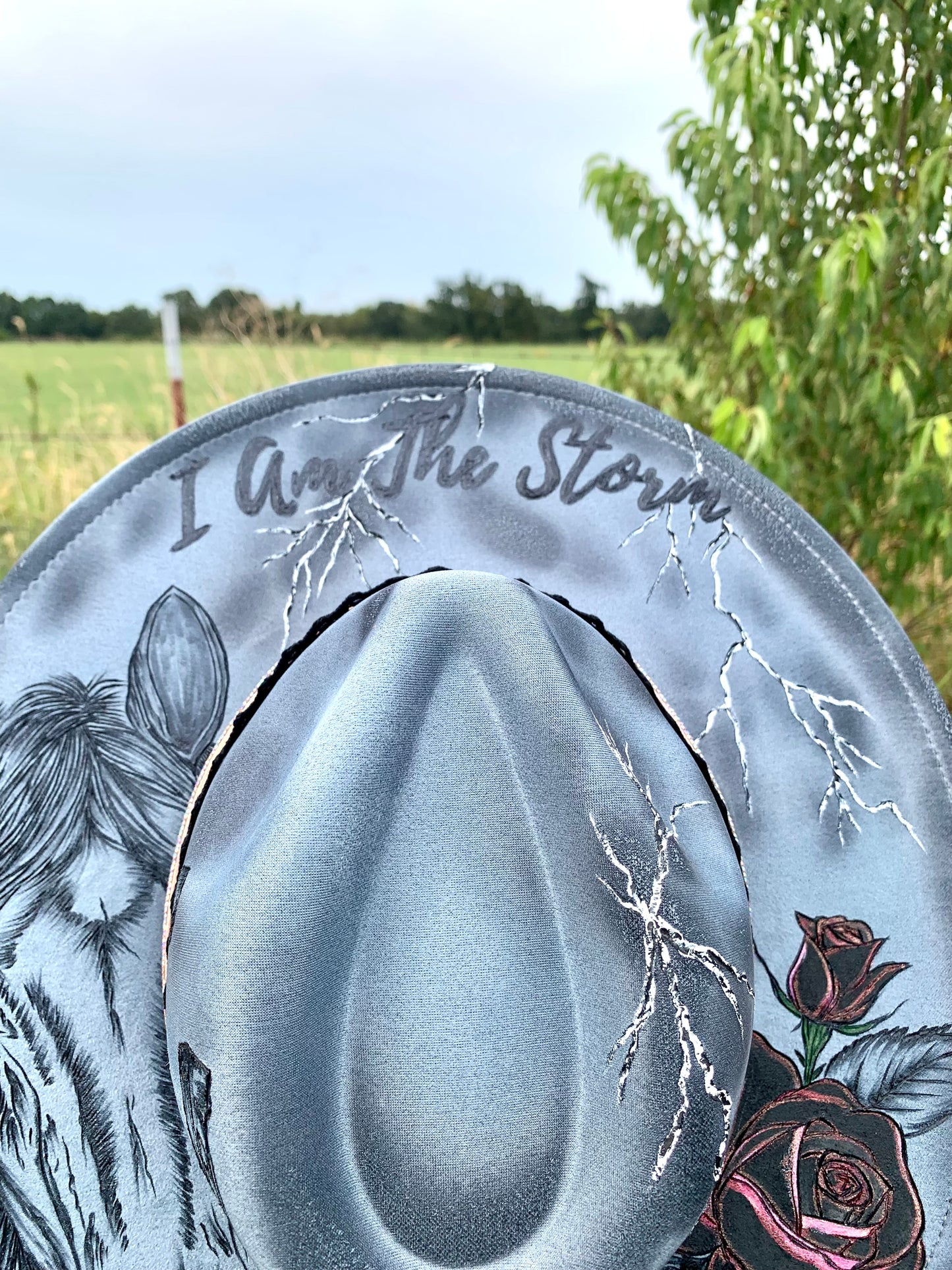 Hand Burned/Hand Painted Rancher Hat "I Am The Storm" Design