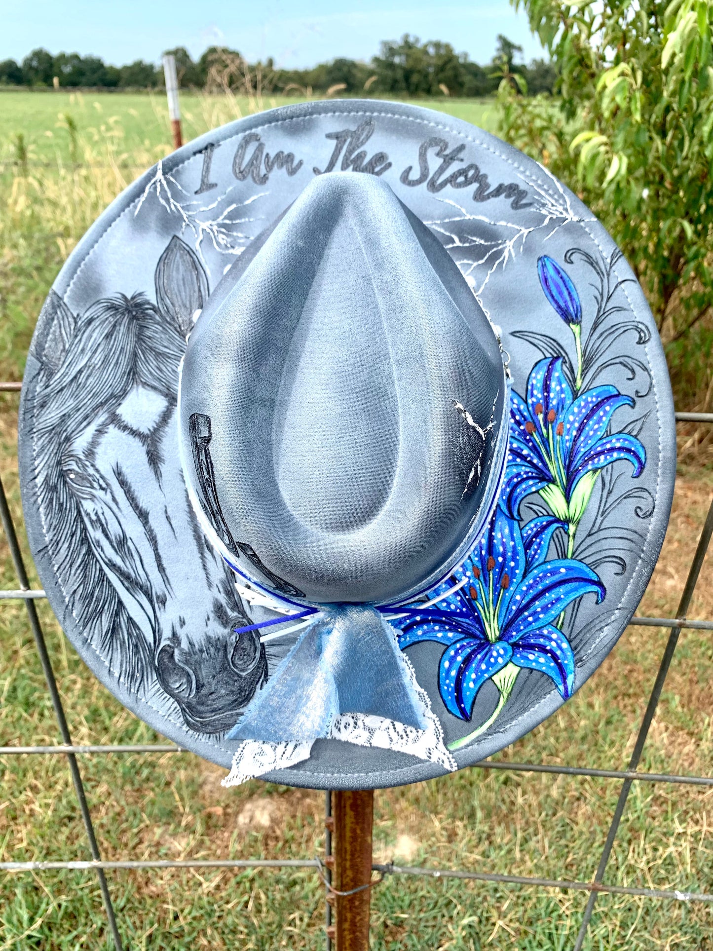 Hand Burned Rancher Hat "I Am The Storm" Design