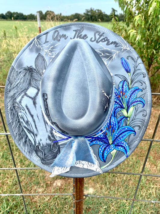 Hand Burned Rancher Hat "I Am The Storm" Design