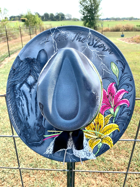 Hand Burned Rancher Hat "I Am The Storm" Design