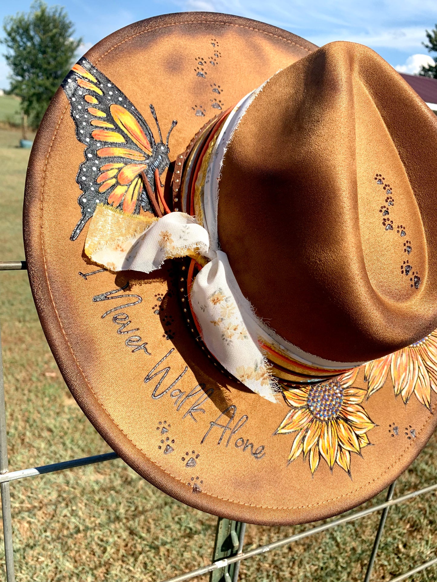 Hand Burned/Hand Painted Rancher Hat "I Never Walk Alone" Design