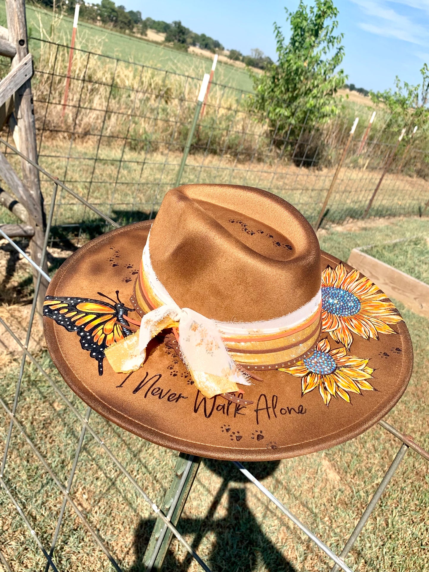 Hand Burned/Hand Painted Rancher Hat "I Never Walk Alone" Design