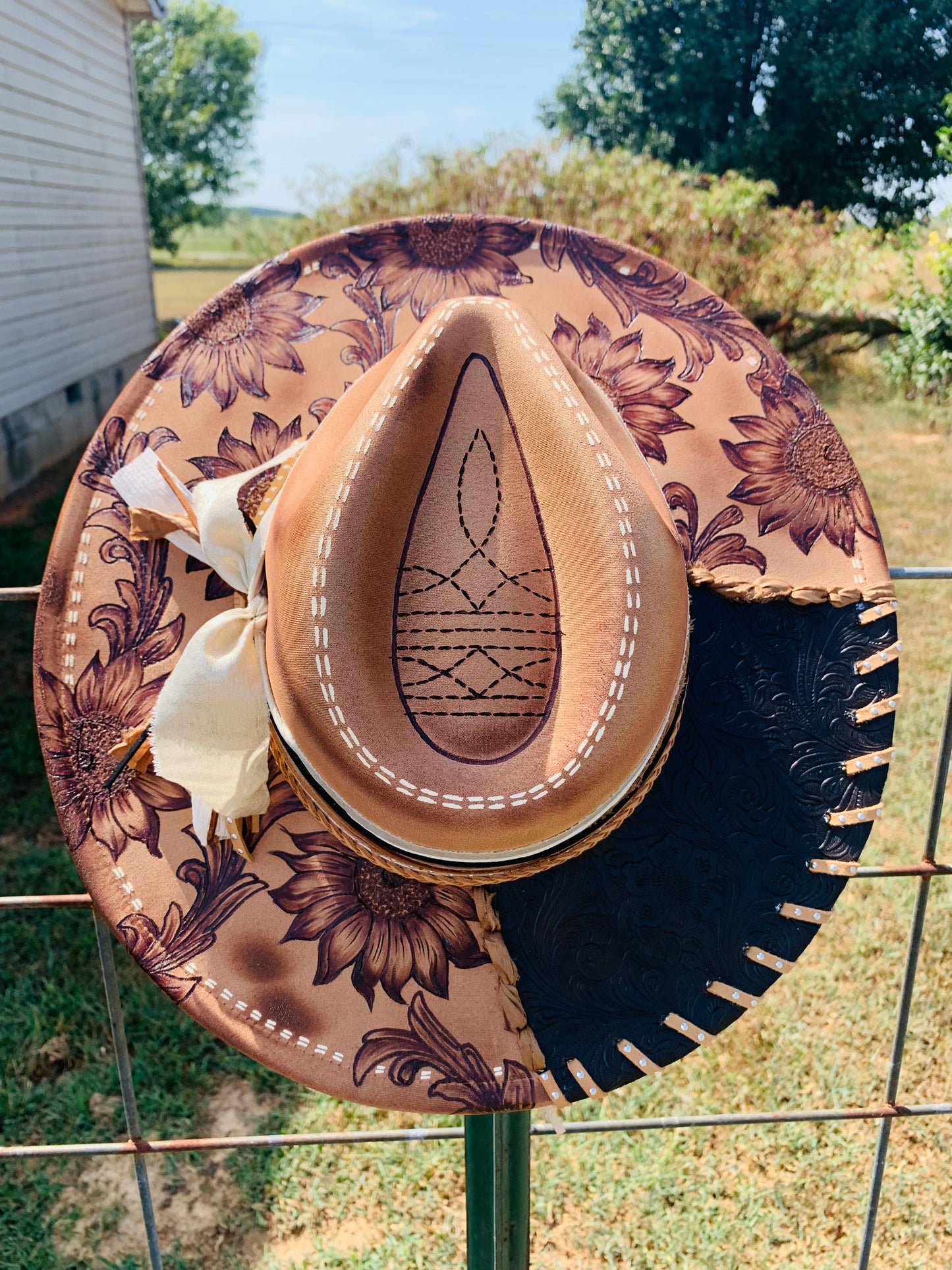 Hand Burned Rancher Hat "Tooled Sunflower" Design