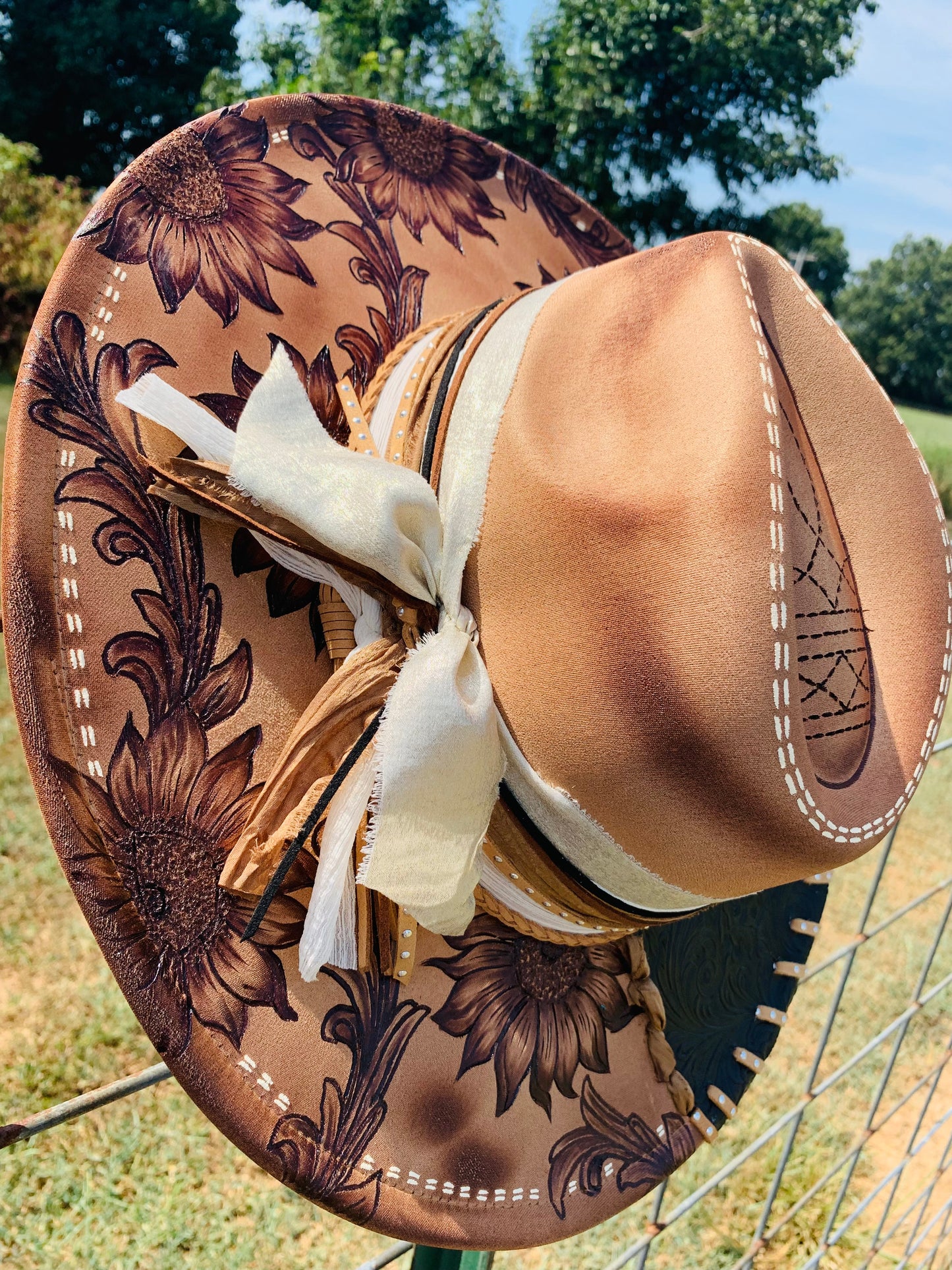 Hand Burned Rancher Hat "Tooled Sunflower" Design