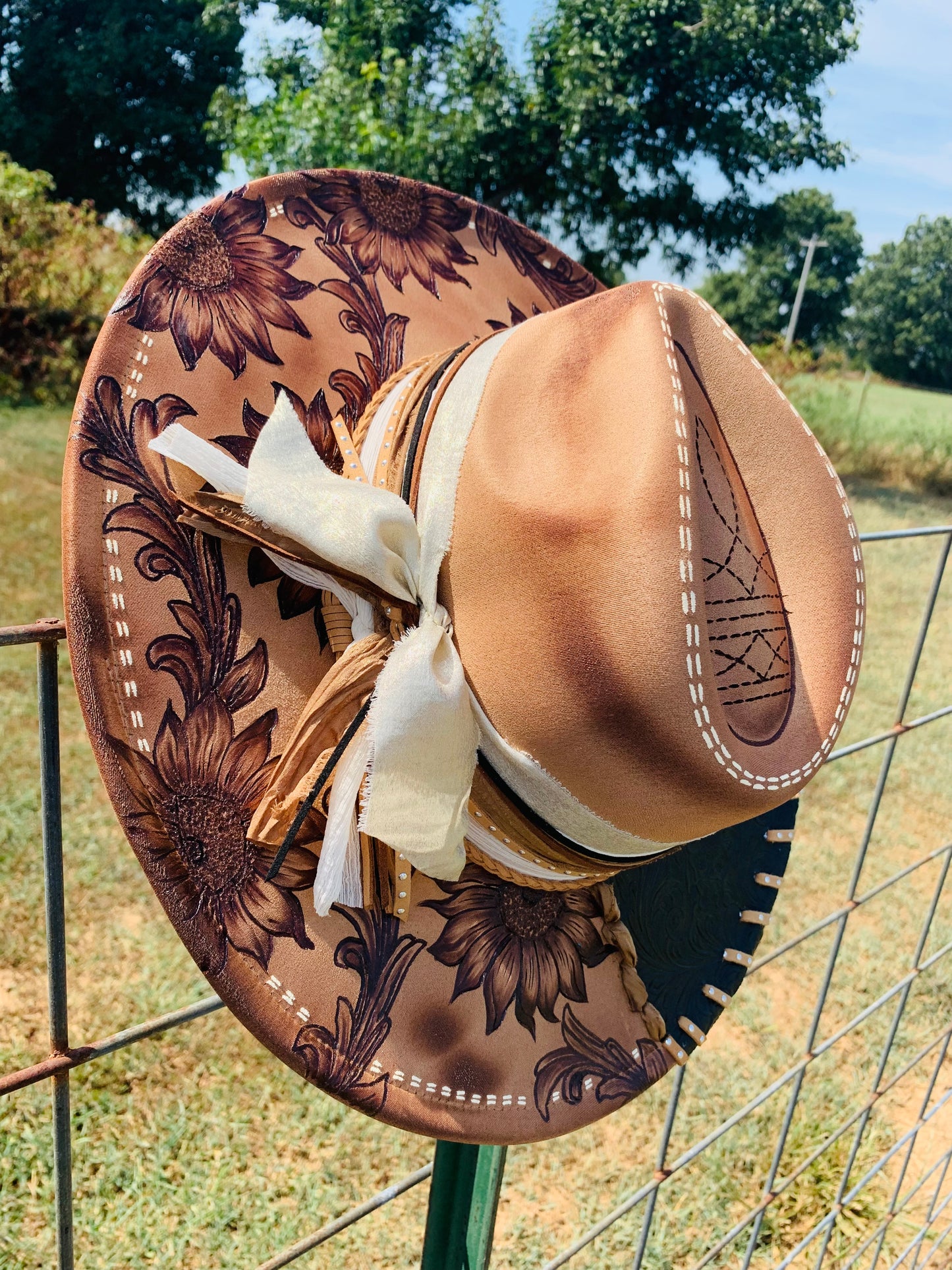 Hand Burned Rancher Hat "Tooled Sunflower" Design