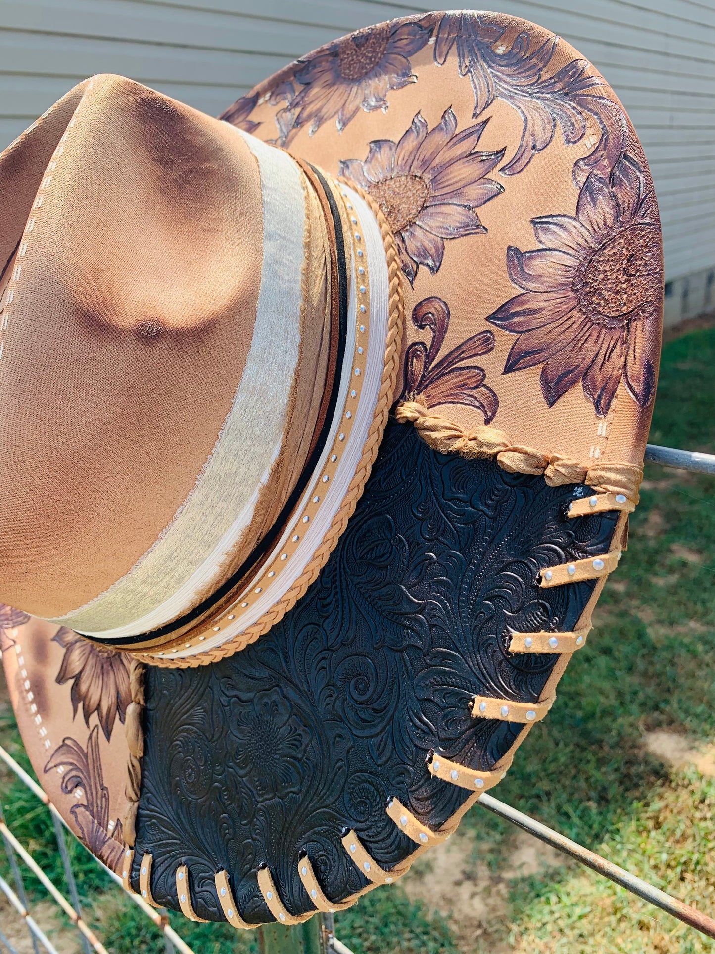 Hand Burned Rancher Hat "Tooled Sunflower" Design