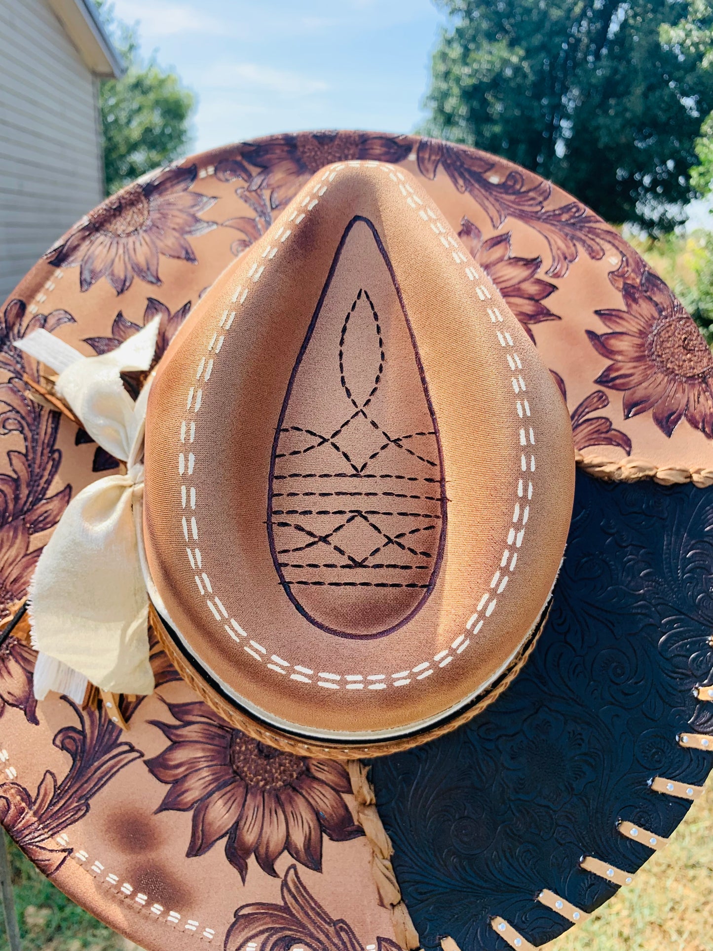 Hand Burned Rancher Hat "Tooled Sunflower" Design