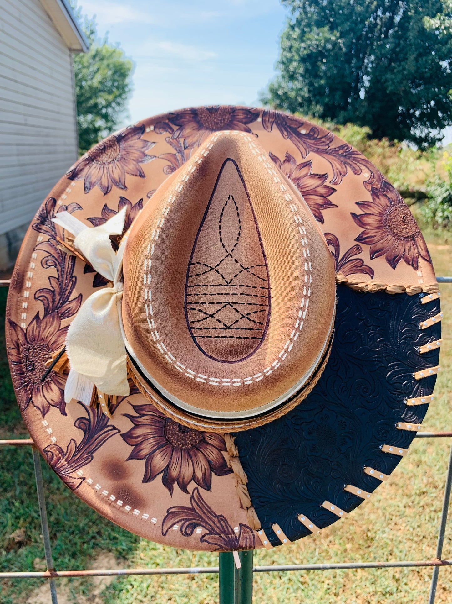 Hand Burned Rancher Hat "Tooled Sunflower" Design