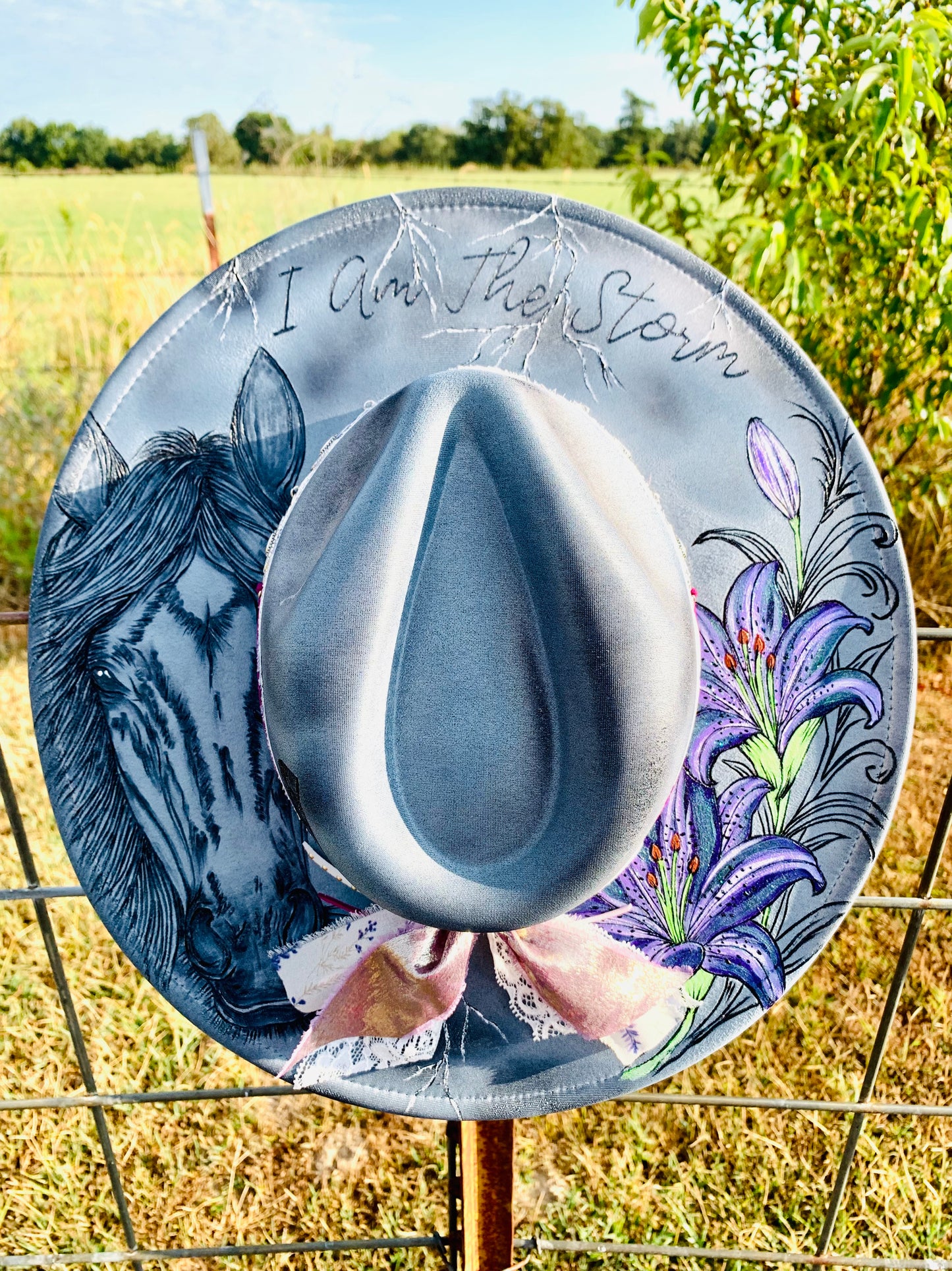 Hand Burned Rancher Hat "I Am The Storm" Design