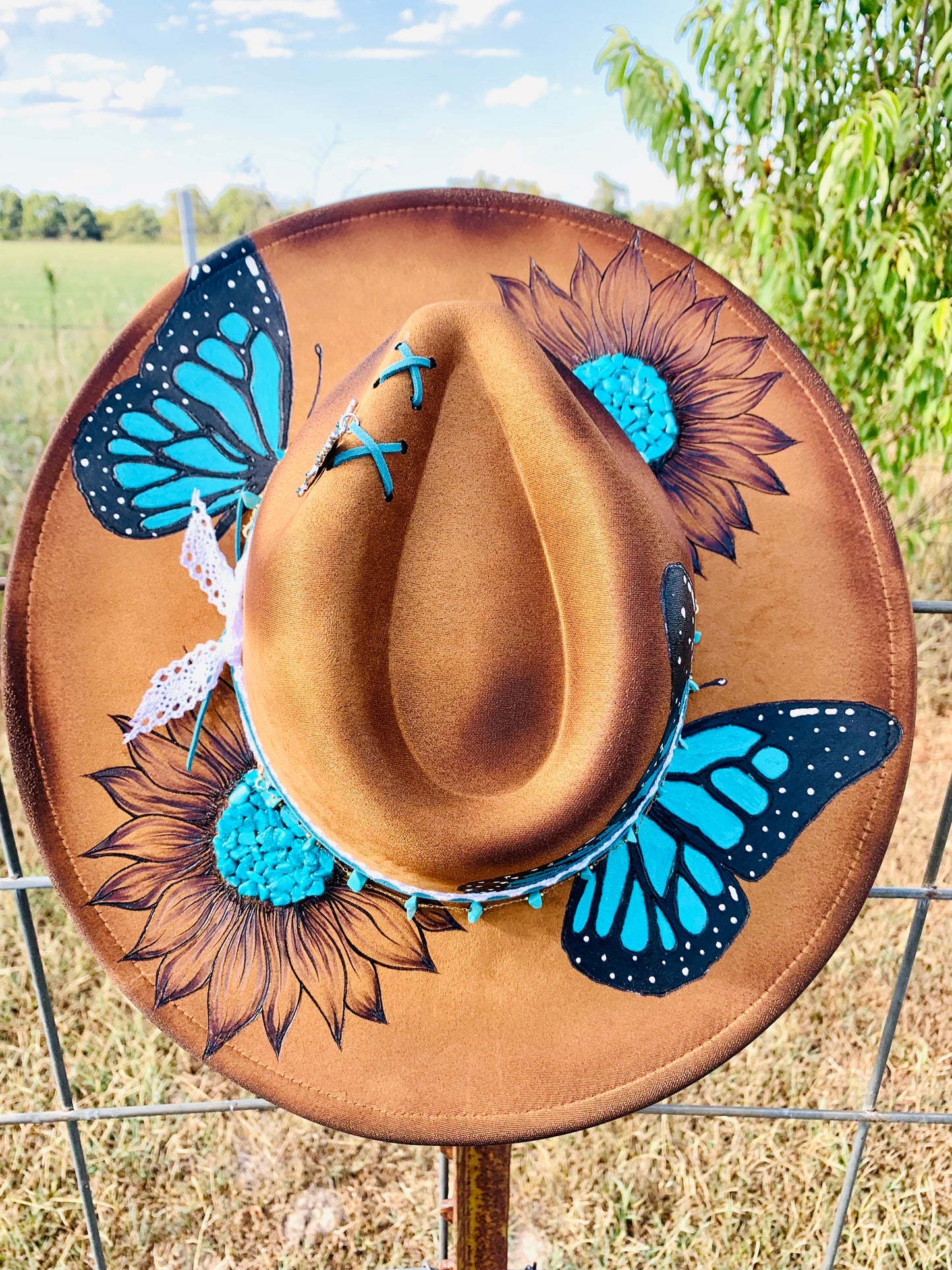 Hand Burned/Hand Painted Rancher Hat "Turquoise Butterfly" Design