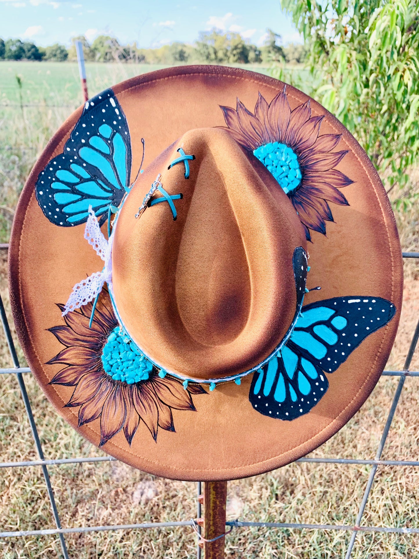 Hand Burned/Hand Painted Rancher Hat "Turquoise Butterfly" Design