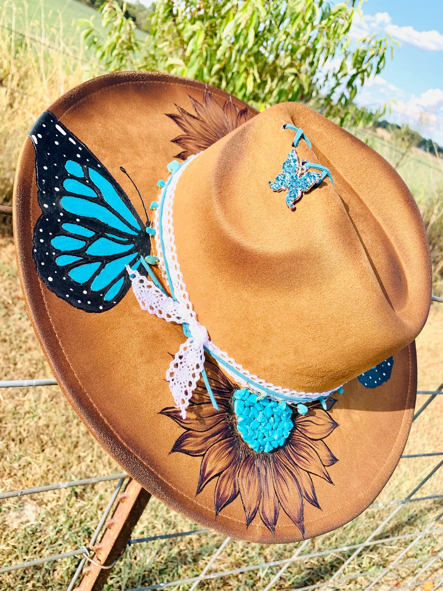Hand Burned/Hand Painted Rancher Hat "Turquoise Butterfly" Design