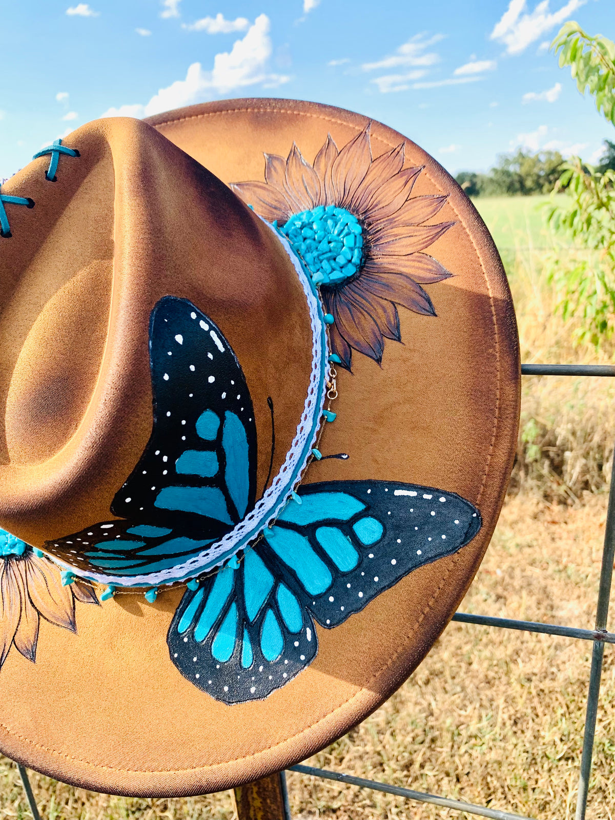 Hand Burned/Hand Painted Rancher Hat "Turquoise Butterfly" Design