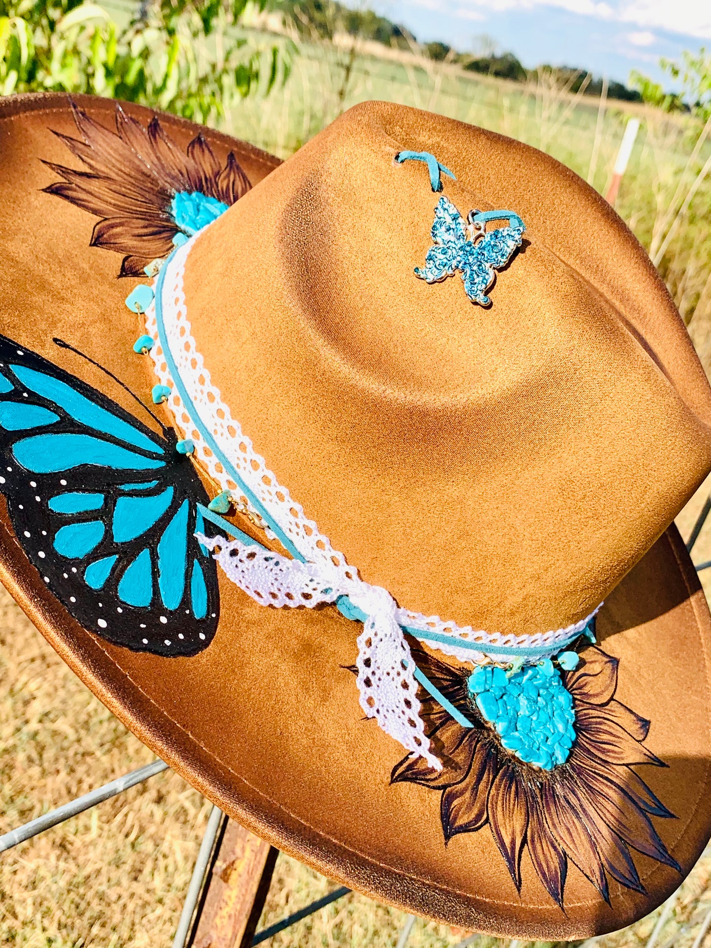 Hand Burned/Hand Painted Rancher Hat "Turquoise Butterfly" Design