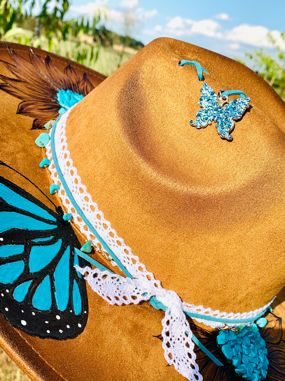Hand Burned/Hand Painted Rancher Hat "Turquoise Butterfly" Design