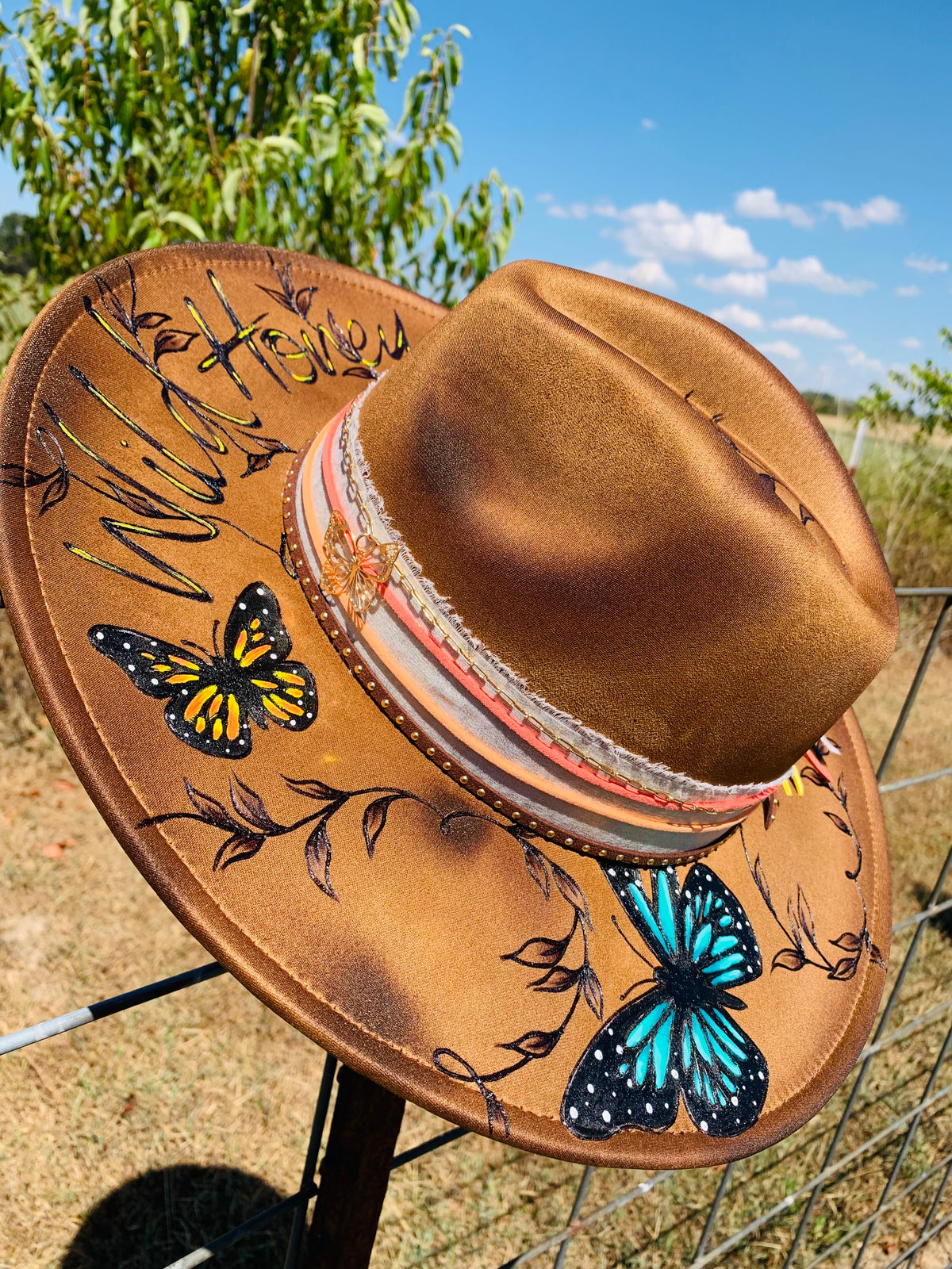 Hand Burned/Hand Painted Rancher Hat "Wild Honey" Design