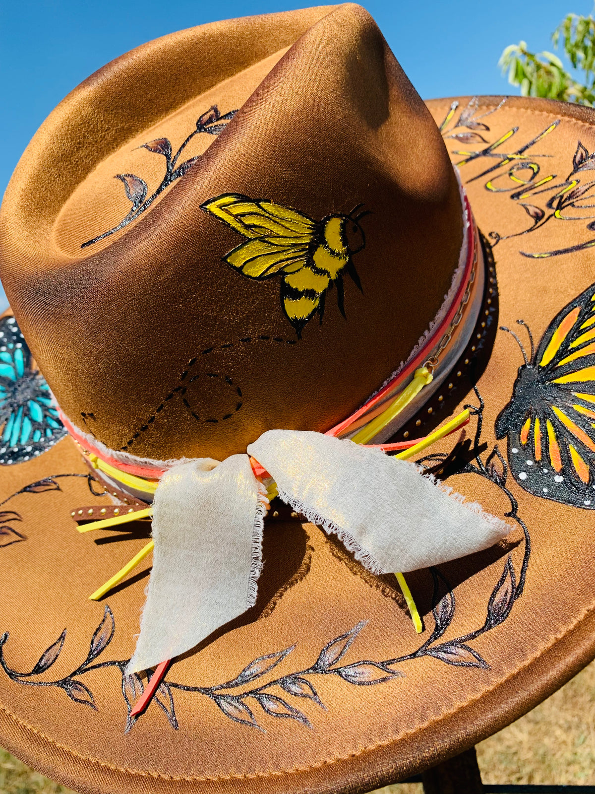 Hand Burned/Hand Painted Rancher Hat "Wild Honey" Design
