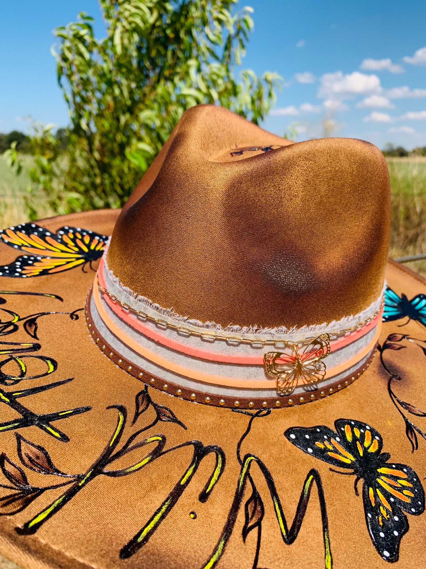 Hand Burned/Hand Painted Rancher Hat "Wild Honey" Design