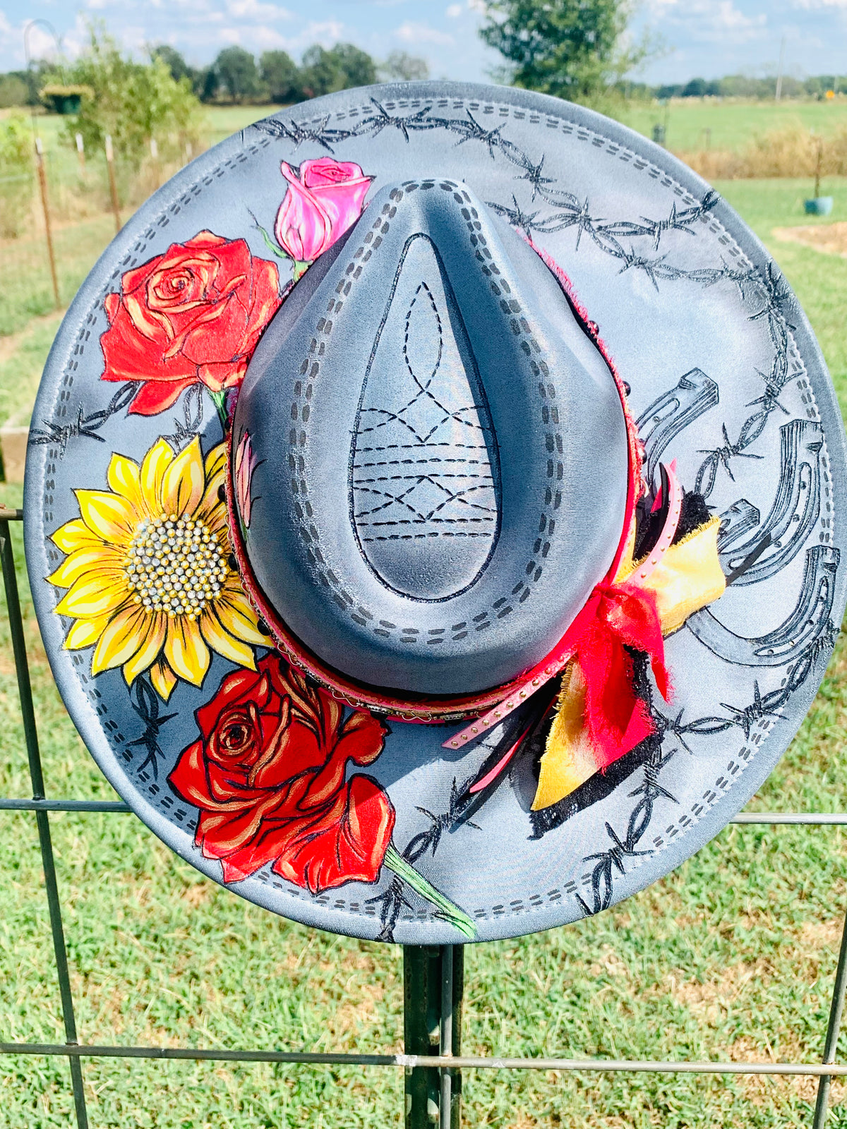Hand Burned Hand Painted Rancher Hat "Horseshoe" Design (Custom)