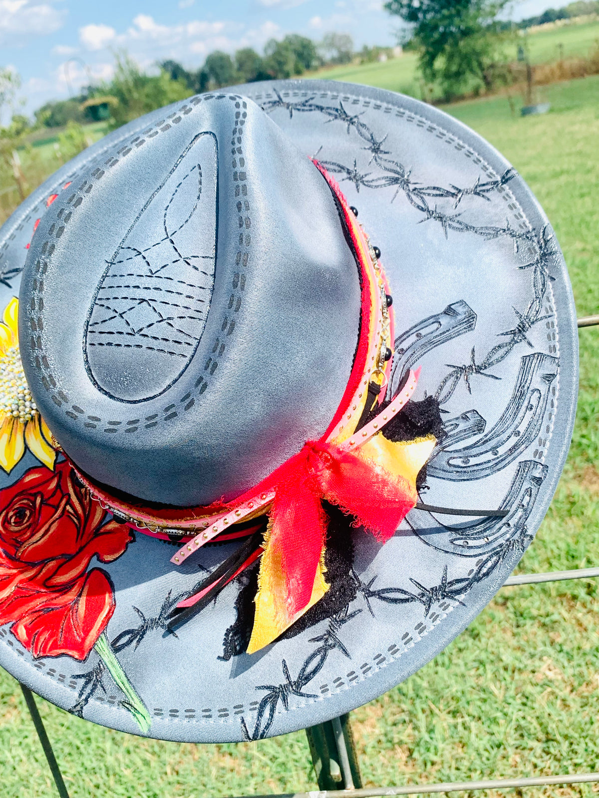 Hand Burned Hand Painted Rancher Hat "Horseshoe" Design (Custom)